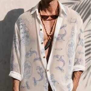 Blue Mythical Sea Creature Print Sheer Oversized Shirt