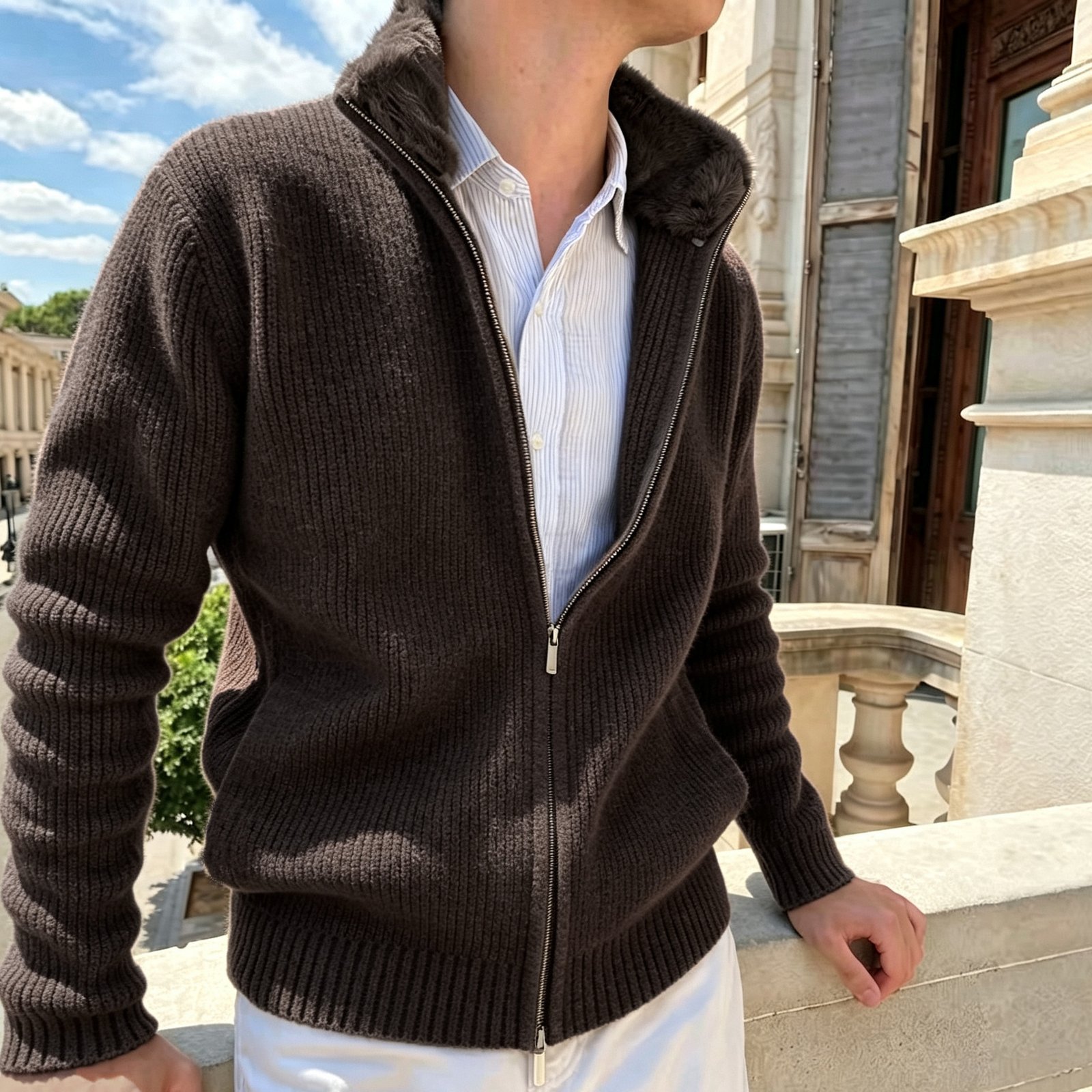 Men's Fur Collar Cardigan – British-Style Lapel Knitted Sweater - Image 4