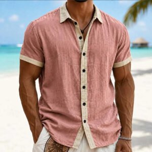 Men's Color-Block Patchwork Shirt – Short Sleeve Lapel, Relaxed Fit