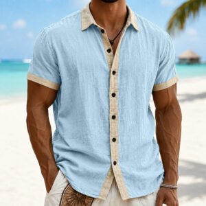 Alternative view of Men's Color-Block Patchwork Shirt – Short Sleeve Lapel, Relaxed Fit