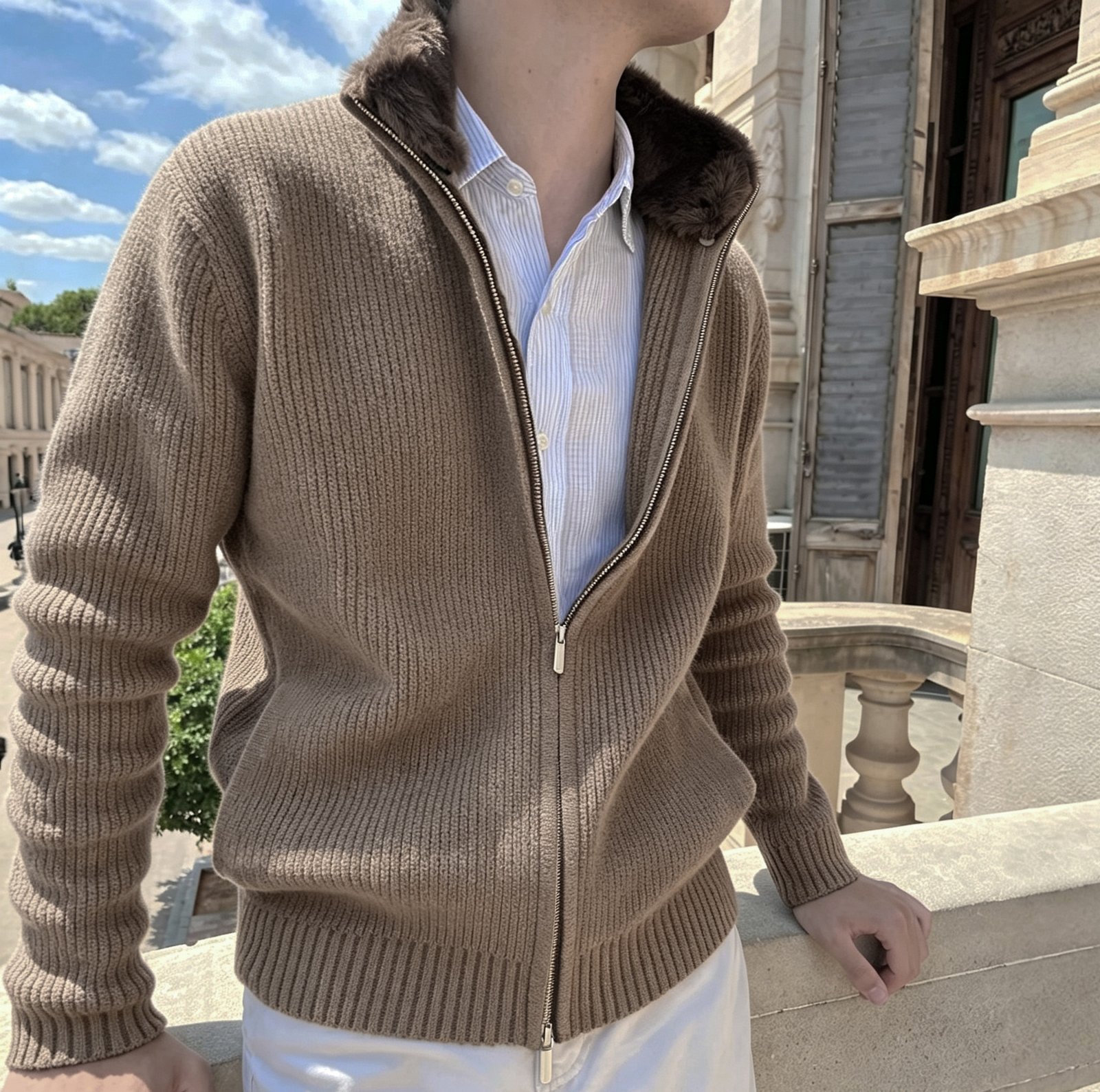 Men's Fur Collar Cardigan – British-Style Lapel Knitted Sweater - Image 3
