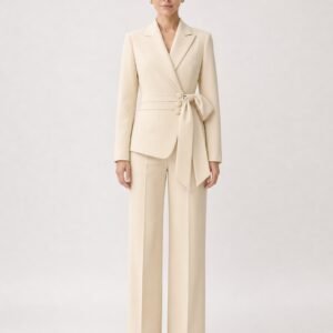 Amandine Cream Wrap Blazer Suit Set – Belted Blazer & Straight-Leg Trousers