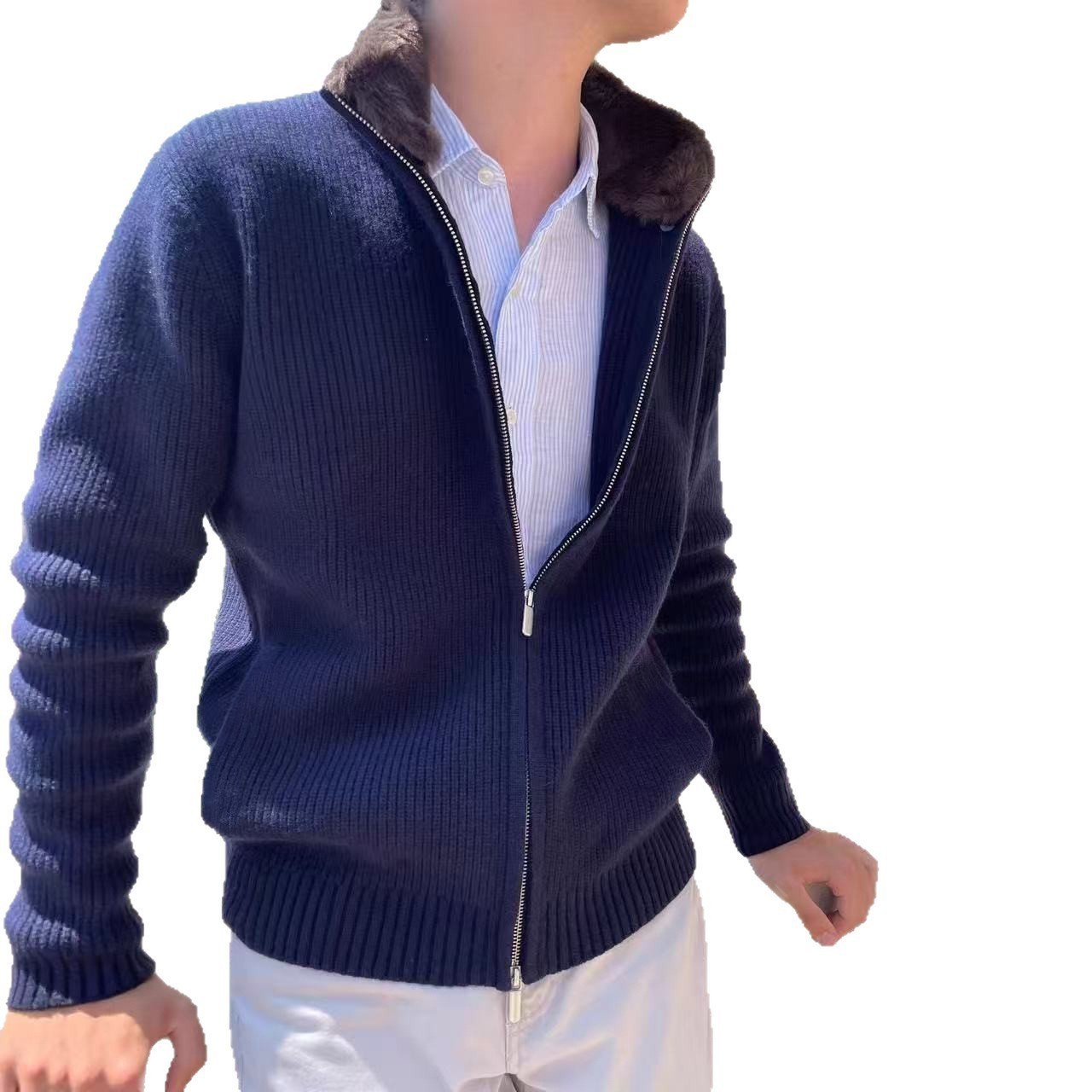 Men's Fur Collar Cardigan – British-Style Lapel Knitted Sweater - Image 5