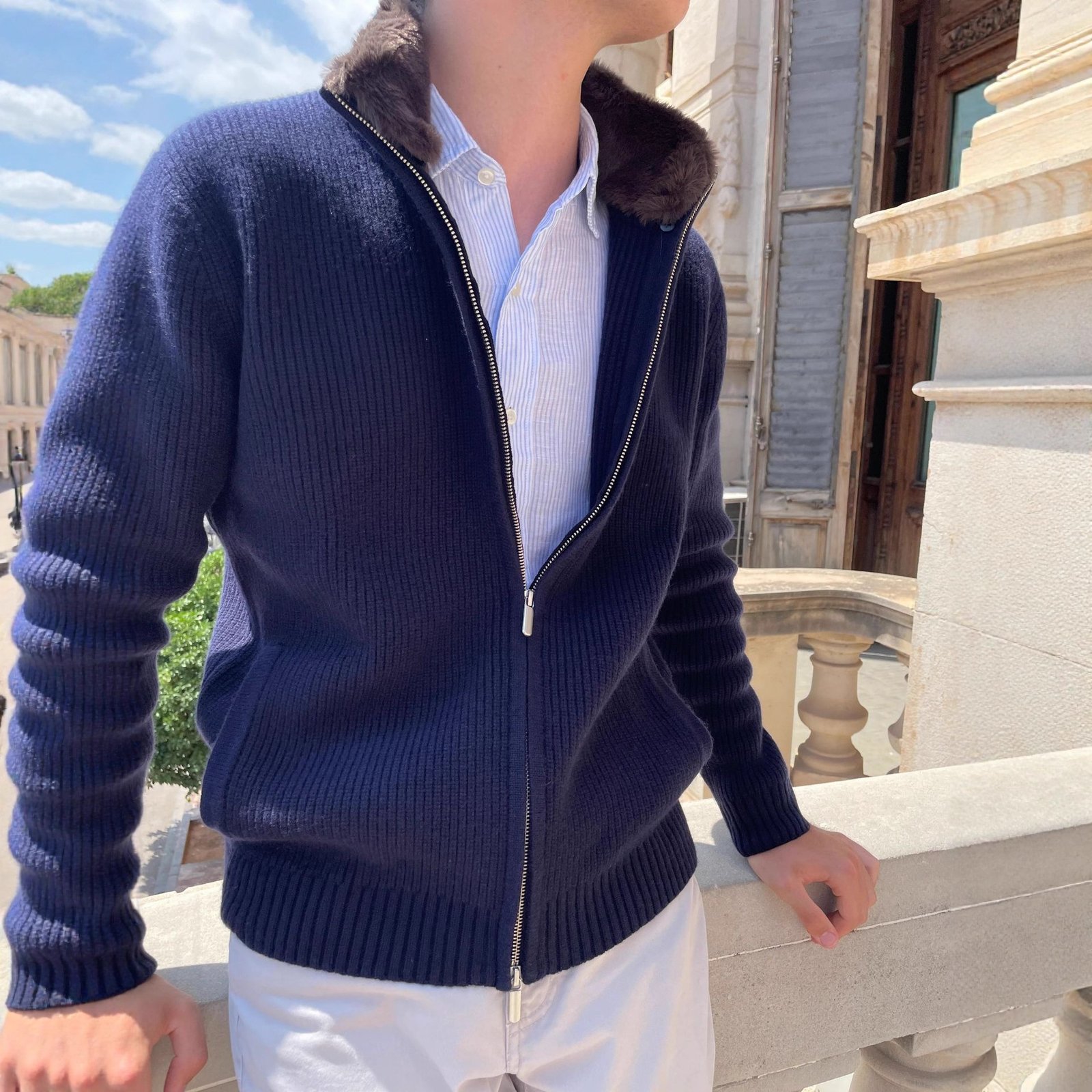 Men's Fur Collar Cardigan – British-Style Lapel Knitted Sweater