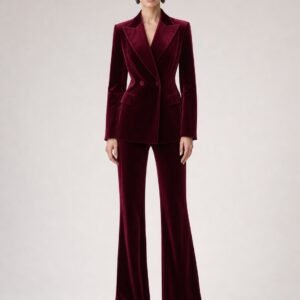 Lucia Burgundy Velvet Suit Set – Double-Breasted Blazer & Flare Trousers