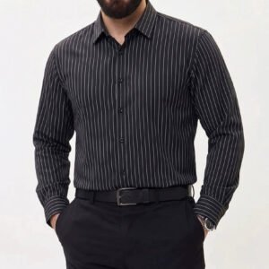 Alternative view of Men's Striped Long Sleeve Shirt – Slim Fit, Four-Way Stretch Spandex