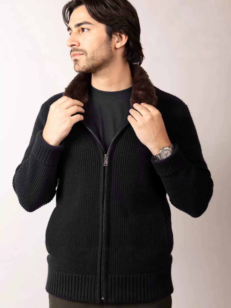 Men's Fur Collar Cardigan – British-Style Lapel Knitted Sweater - Image 6