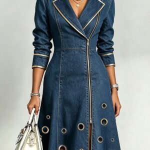 Alternative view of Denim Swing Dress for Women – Long Sleeve, Notch Collar V-Neck