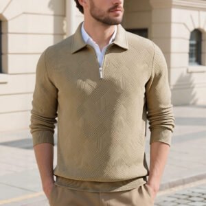 Men's Jacquard Cardigan Sweater – Lapel Collar, Long Sleeve