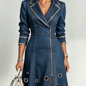 Denim Swing Dress for Women – Long Sleeve, Notch Collar V-Neck
