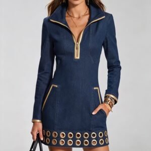 Women's Denim-Style Long Sleeve Midi Dress